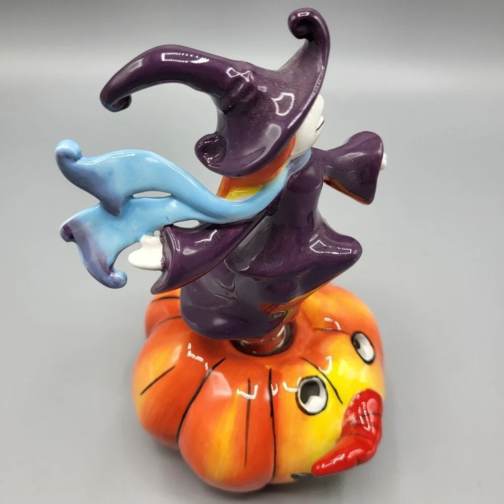Apple's Halloween Witch on Pumpkin Bobble Figurine Decor 7.5in Purple Orange